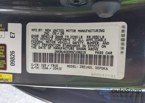 2009 Toyota Corolla Le z USA, uszkodzony, nr VIN 1NXBU40E99Z108215